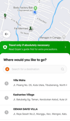 Выбор места назначения в GoJek